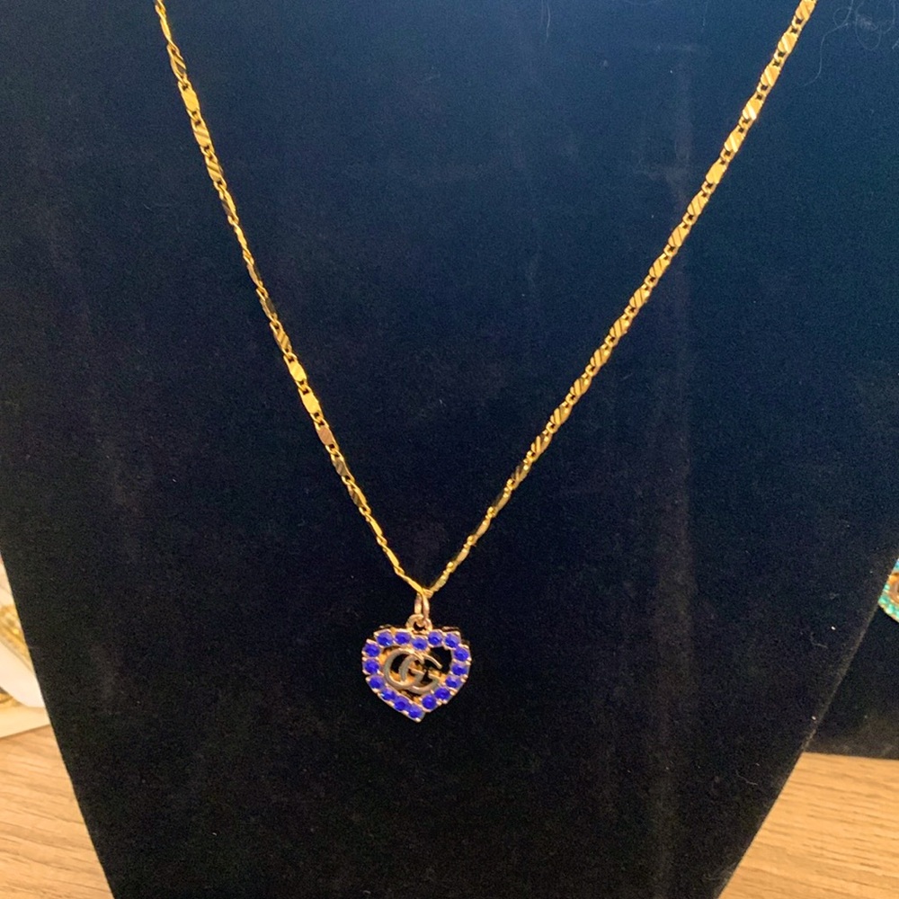 Gucci STAMPED Blue Rhinestone Charm Necklace on a 20” Unbranded Gold Chain